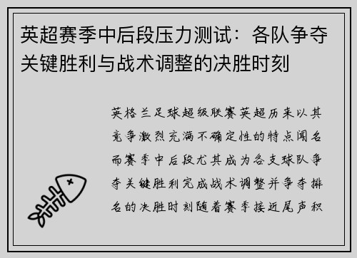 英超赛季中后段压力测试：各队争夺关键胜利与战术调整的决胜时刻